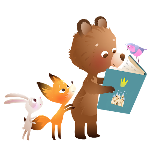 Ein kleienr Bär liest in einem Märchenbuch